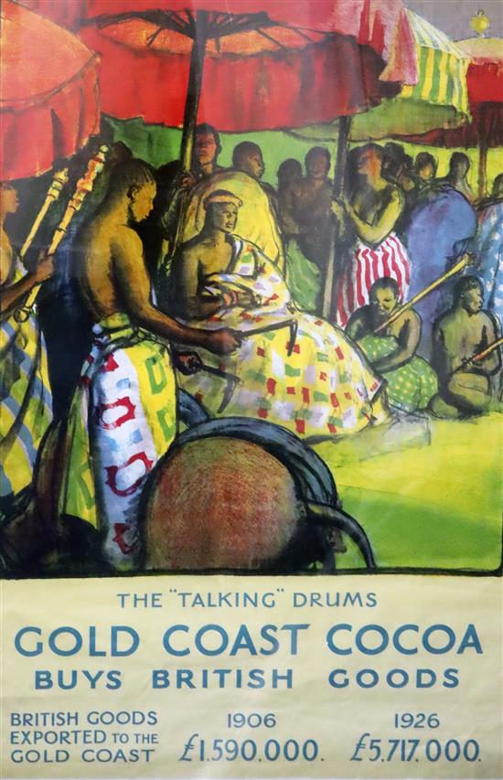 An Empire Marketing Board poster: The Talking Drums, Gold Coast Cocoa Buys British Goods, 40 x 25in.